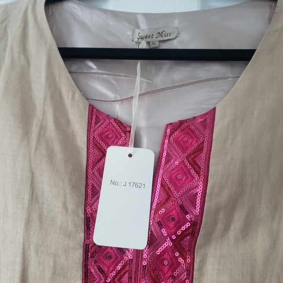 Sweet Miss XL Tan Linen Cotton Dress Pink Sequin Sleeveless Midi Dress Shift #3 - Picture 6 of 10
